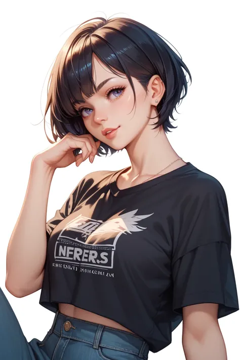 1 woman, nerd, black short hair, white background, wearing shirt