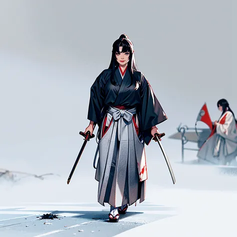 japanese dark haired female samurai with katana and a red and white hakama costume is standing triumphantly over the body of a b...