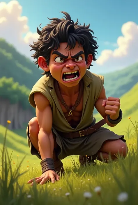 Cain in anger and fear at the same time Disney Pixar cartoon style 