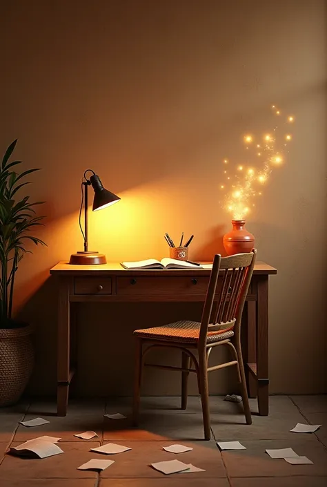 "A serene poetry book cover featuring a vintage wooden desk against an earthy mud wall adorned with soft lime line drawings. The desk is set with a warm, glowing vintage lamp on the left, casting a golden light across the scene. In the center, an ink pot, ...