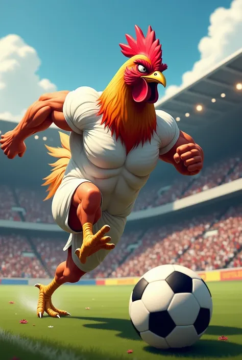 The dashing chicken has muscular hands and white-eyed raging red and white in the stadium wants to kick the ball and is seen by many 