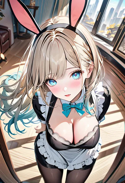 1 girl, Gigantic bust, Bunny ears, Wearing maid outfit, Wearing leggings,
break,
(Arching the back:1.2), (Emphasize the cleavage),
break,
Long straight hair, (beige hair:1.4), [(gradient hair from beige to light blue:1.4):0.4], (pearl inner hair:1.2),
brea...