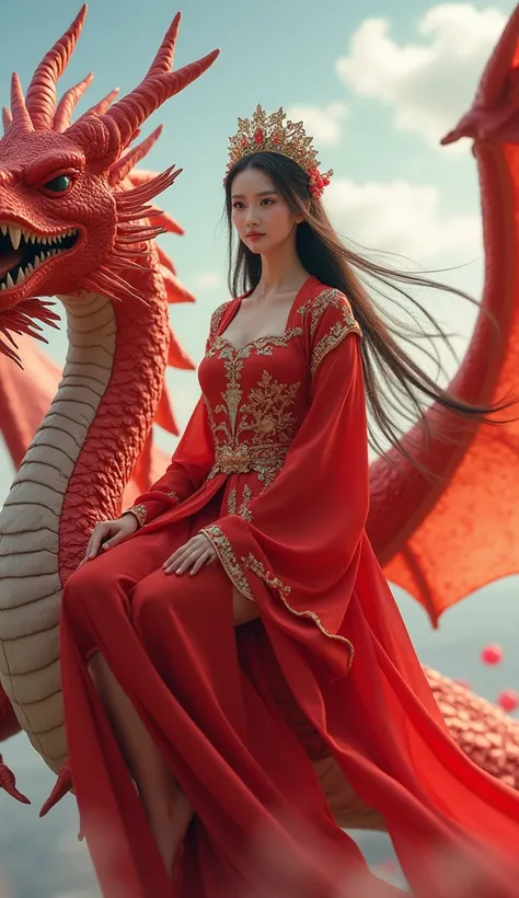 Create A Unreal Chinese Beauty Young Woman Queen Sitting On The Realistic Dragon, Looking Very Beautiful, Unreal White Skin Beauty, Dragon Flying In The Air, Realistic Red Dragon, Woman Wearing Beautiful Expensive Red Queen Dress With Beautiful Crown, Red ...