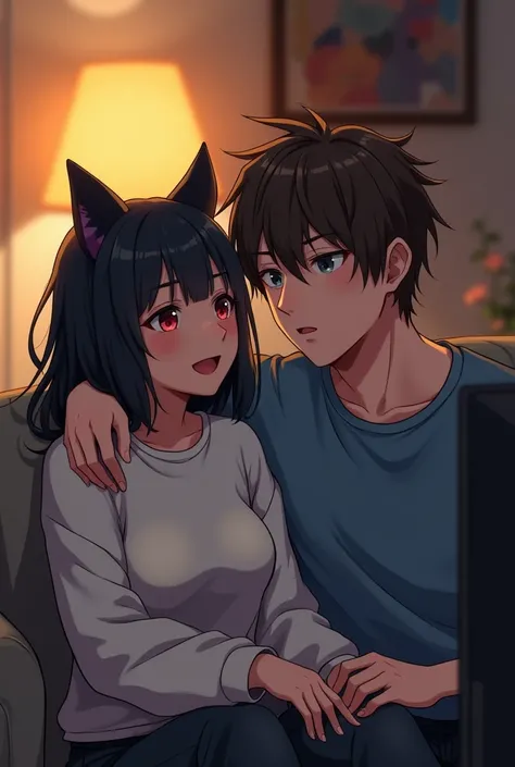 A woman, black hair,  straight bangs , cat ears,  red eyes wearing a white shirt and a man with medium-long brown hair, messy hair,   black eyes, wearing a blue t-shirt talking while watching TV in the living room 