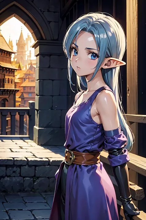  best quality,  greatest masterpiece,  highest resolution， (Dragon Quest 10　Elf), （city gate_background），Swordsman， dark blue _ comments，， anime style, （4K）, Alone， ((whole body)) ，  looking at the camera, 