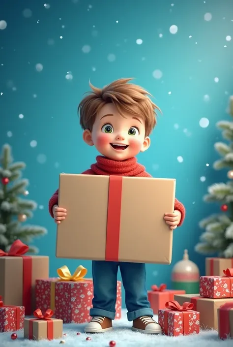 Generate me an image of a boy holding double A A4 paper box with a blue background of Christmas gifts 