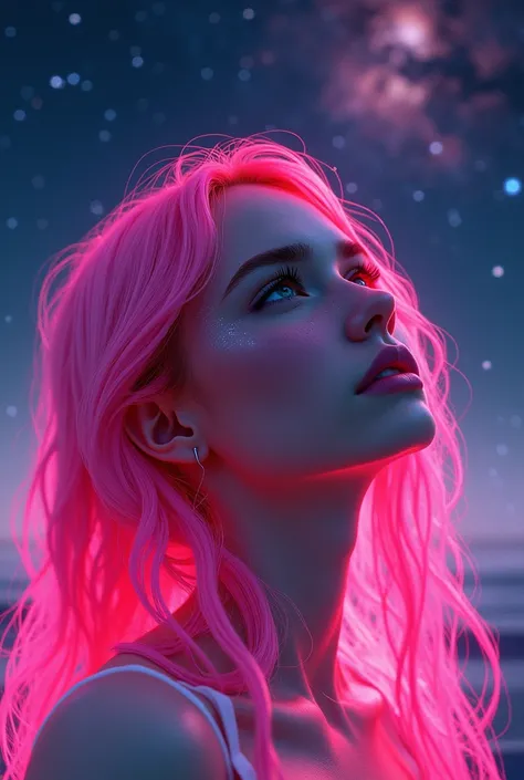  A thoughtful girl ,  looking at the sky , pink neon hair ,  the pink neon colors reflect her beautiful face, The galaxy 