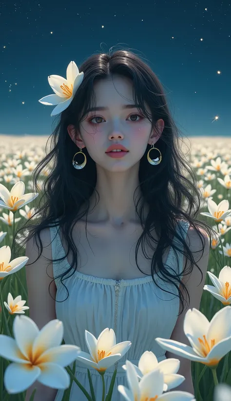  1girl, Solo, High Resolution, Masterpiece, Accurate, Best Quality, Award Winning, Long Hair, Black Hair, Curly Hair, Crescent Earrings, Light Smile, Tearing Up, POV, Multiple Views, Hair Flower, Sparkle, Bloom, Blending, standing in the middle of the whit...