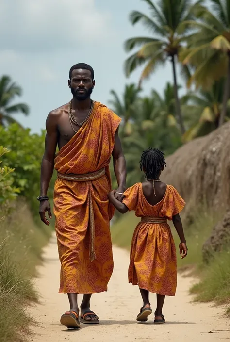 Une scène tres réaliste dun homme comorien de teint claire de peau grand et tres beau typiquementcomorien,  avec des vêtements traditionnels comorienne marche avec sa fille de 8 ans,  noire avec tein  claire de peau tres belle, typiquementcomorienne,  chev...