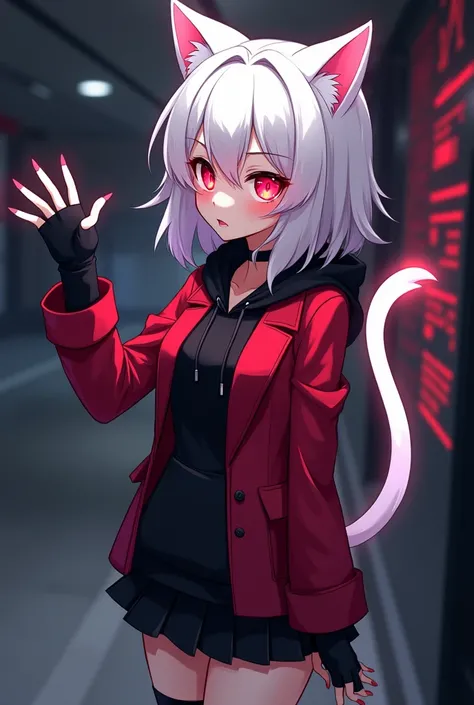 Anime, female, bratty, Red glowing eyes, Cat tail and ears, Medium White Wolf Hair style, Black hoodie, short hand red blazer, gloves fingertips, black skirt, hacker