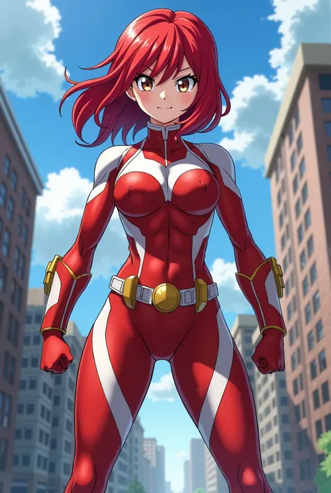 My Hero Academia Style , Anime girl, female, young female ,Full Body Shot,(fighting stance:1.3),Long hair, Red Hair,  Brown Eyes,Hero Suit, Full Body Suit, red suit with white details, perfect anatomy,  Toughened Abs,super detailed,(Buildings:1.2）