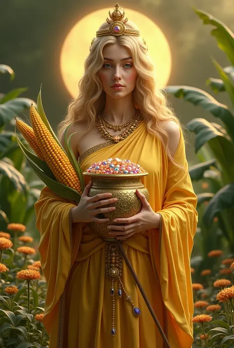 A realistic woman image golden skin tara goddess with vase of jewels and sheaf of corn, a wish fulfilling jewel and a scroll. Her background is a fertile garden. 
