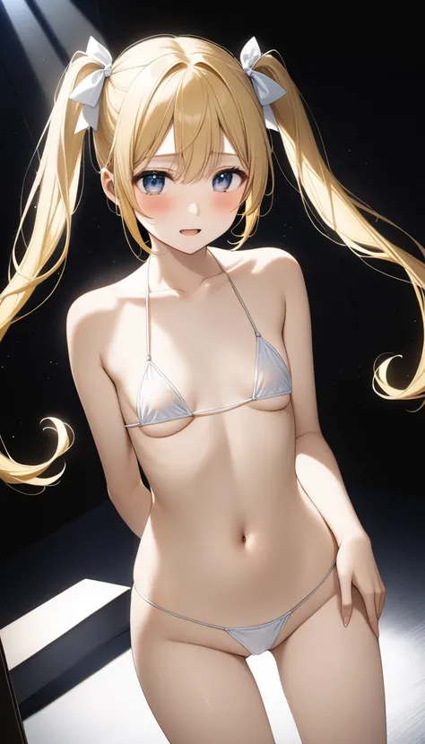  1 cute  girl ,Young Face、 slim figure、Thin legs、８Head to Body、((beautiful golden hair))、( inner color)、(( twin tails))、((There is a sense of immorality in the scene where the girl standing in an embarrassing micro bikini is embarrassed and trying to hide ...