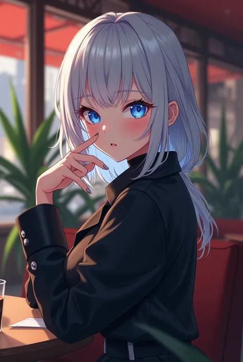 Anime style, outside, in a cafe, sister, electric blue eyes, white haired, girl, 18 years, beautiful, dark and designer clothes