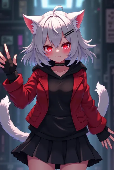 Anime, female, bratty, Red glowing eyes, Cat tail and ears, Medium White Wolf Hair style, Black hoodie, short hand red blazer, gloves fingertips, black skirt, hacker