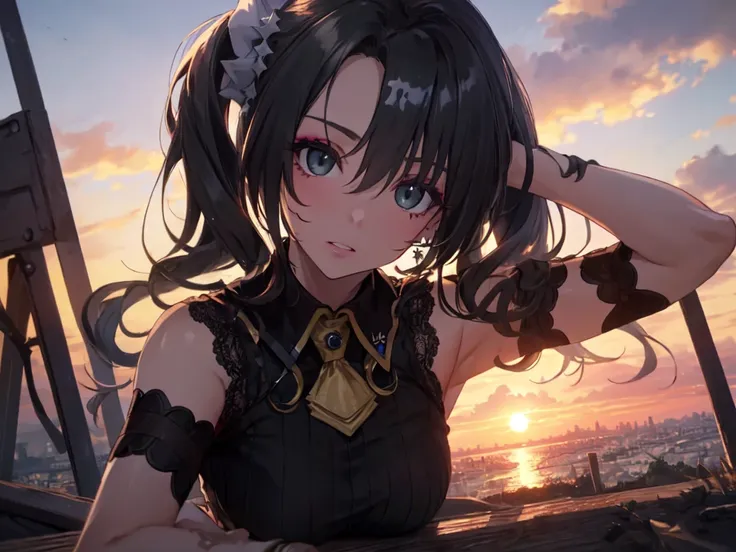 Solo, 1 Female, (Human Ear, Earring), (Black Hair, Side Tail), (Lying Down with One Arm Behind Head), (Anime Face, Ahegao, Heavy Makeup), (Hair Accessories), (Pitch Black See-Through Dress, Pitch Black Ruffles, Pitch Black High Waist, Garter Belt), (Sunset...