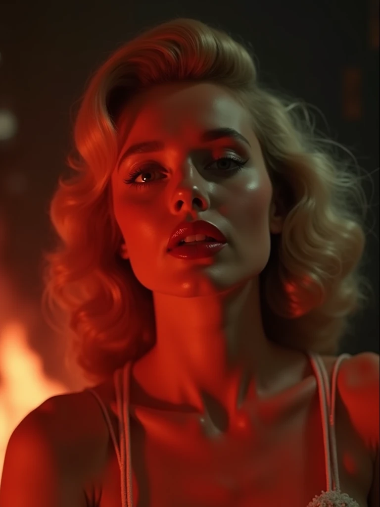 skin made of flame, she is bimbo curvature fine, hollow physique, Kodakportra800, big HUGE bimbo lips 💋 The overall mood of the image is intense and captivating. ultra realistic, extremely detailed, 8K, wide angle, Wes Craven:: Screengrab of 1950s Super pa...