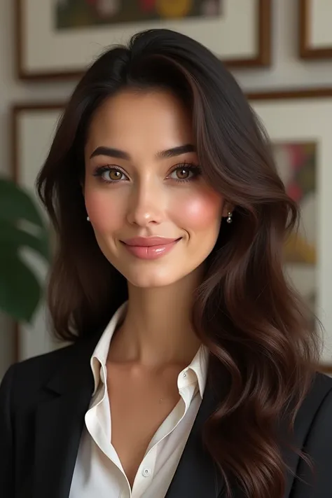  Realistic portrait of a Brazilian woman with white skin, in her 32 years , long brown wavy hair, delicate face,  brown eyes , small mouth , with a confident and empathetic expression ,  almond-shaped dark eyes , smiling subtly.  Makeup is subtle , ,  but ...