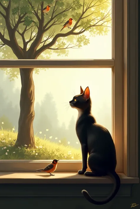 The cat looks out the window , there are birds sitting in a tree 