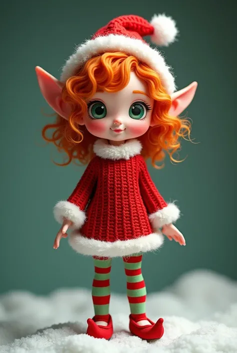 Une petite elf du Père Noël avec les cheveux roux et frisée des yeux vert émeraudes des chaussettes a rayures rouge et vert  un bonnet rouge avec un pompom au bout une robe rouge avec de la fausse fourrure blanche sur les bord un petit chandaille qui lui a...