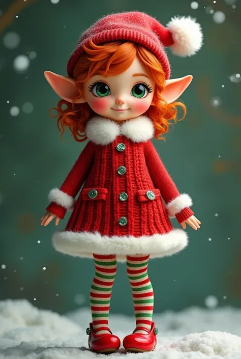 Une petite elf du Père Noël avec les cheveux roux et frisée des yeux vert émeraudes des chaussettes a rayures rouge et vert  un bonnet rouge avec un pompom au bout une robe rouge avec de la fausse fourrure blanche sur les bord un petit chandaille qui lui a...