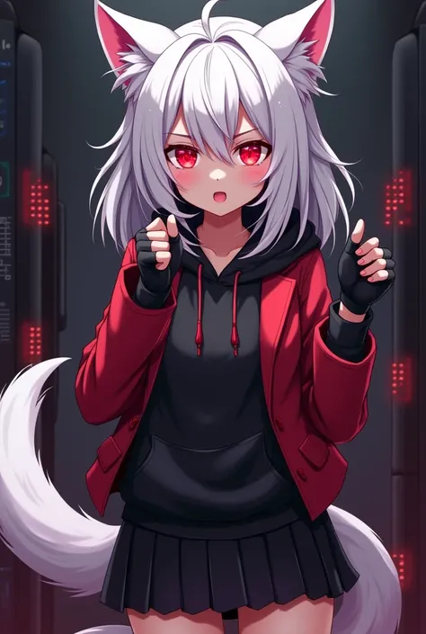 Anime, female, bratty, Red glowing eyes, Cat tail and ears, Medium White Wolf Hair style, Black hoodie, short hand red blazer, gloves fingertips, black skirt, hacker