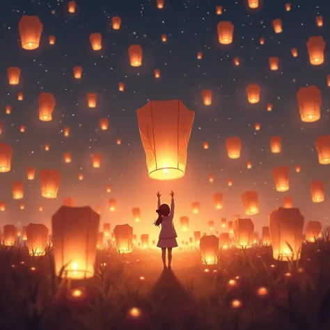 A glowing lantern floating gently in the evening sky, surrounded by countless others drifting upward, symbolizing wishes, dreams, and the bond of shared hope