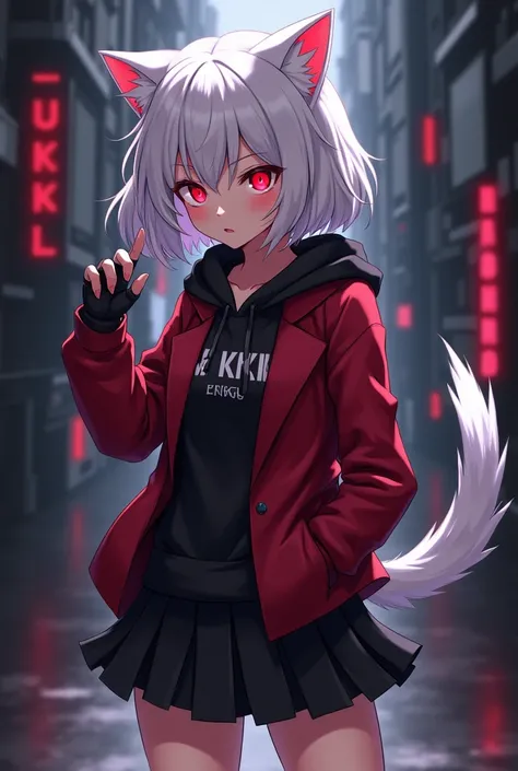 Anime, female, bratty, Red glowing eyes, Cat tail and ears, Medium White Wolf Hair style, Black hoodie, short hand red blazer, gloves fingertips, black skirt, hacker