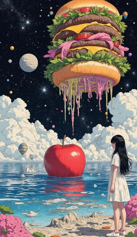 A large expanse of water in space,landscape.very beautiful gigantic huge realistic tall hamburger. photogenic, focus Apple,close up gigantic Apple,American girl