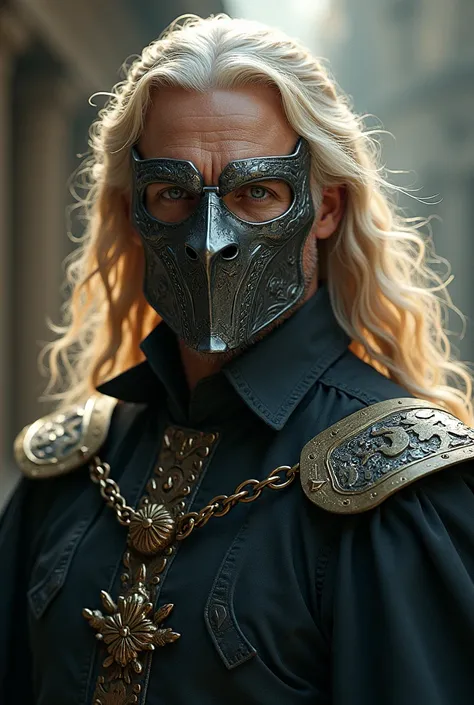 Male 45 years old,  blond with long hair, wearing an iron mask ,  like Visaris from the Dragon House, Medieval clothes