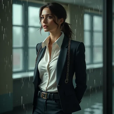 a woman in a suit, belt, hands behind back, sweating, , black pants, sexly, large breasts, see-through clothing, rain, detective, office worker, white button-up shirt, (best quality,4K,8k,highres,masterpiece:1.2),ultra-detailed,(realistic,photorealistic,ph...