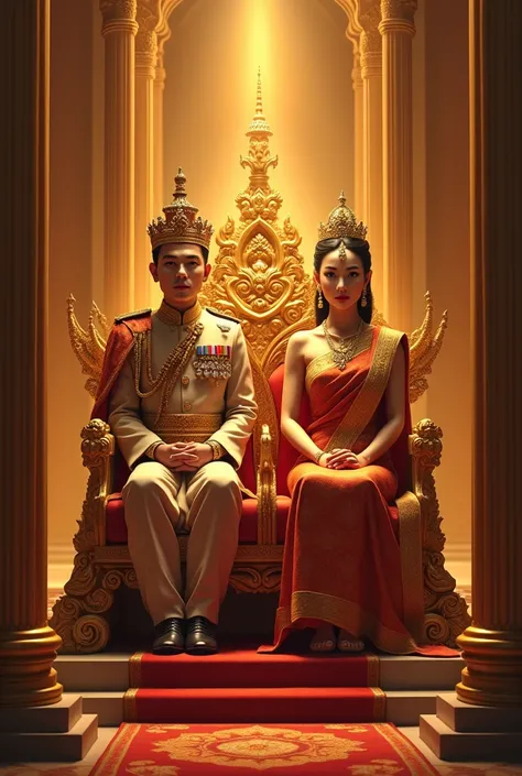 The Thai king wears a crown, the queen wears a Thai dress with a chada. Sitting on the throne, there are several amber pillars sitting in reverence.