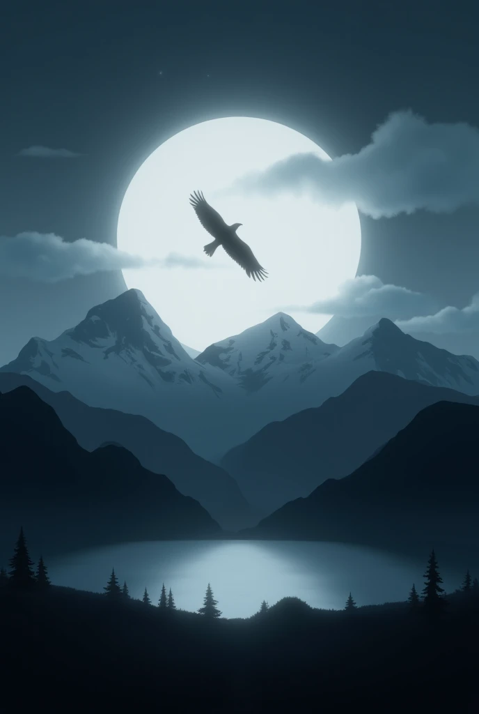  full moon。Silhouette of a bird flying in the night sky with quiet mountains and clouds spreading out in the background 。