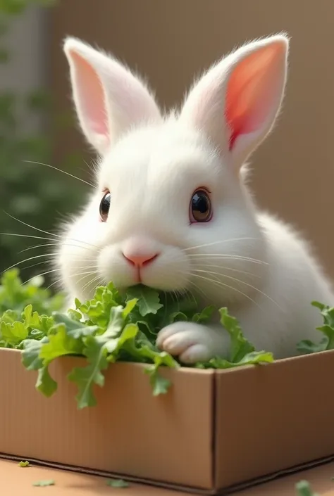 Lapin blanc dans un carton (réaliste). Le lapin grignotte de la salade.