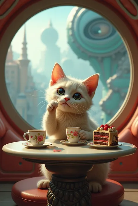 we show a cat drinking tea inside the alien ship with a cake next to it more cake