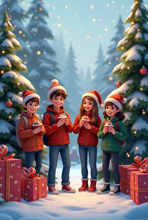 A christmas design
With trees, gifts and cars and teenagers holding sweets