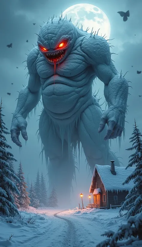 A monstrous snowman towering over a cursed village covered in snow on Christmas Eve. The snowman is twisted and grotesque, its body formed from jagged, hardened ice and chunks of blackened, frozen snow. Its face is distorted, with hollow, glowing red eyes ...