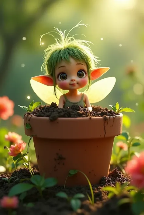  Little cute girl 。 appeared from the dirt in a flower pot、Earth Fairy 。 look at the viewer 。smile。