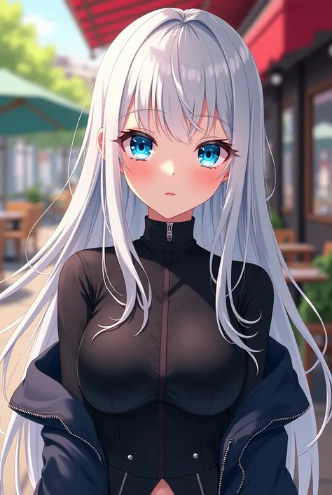 Anime style, outside, in a cafe, sister, electric blue eyes, white haired, girl, 18 years, beautiful, Inspiring confidence, her company seems warm, dark and designer clothes