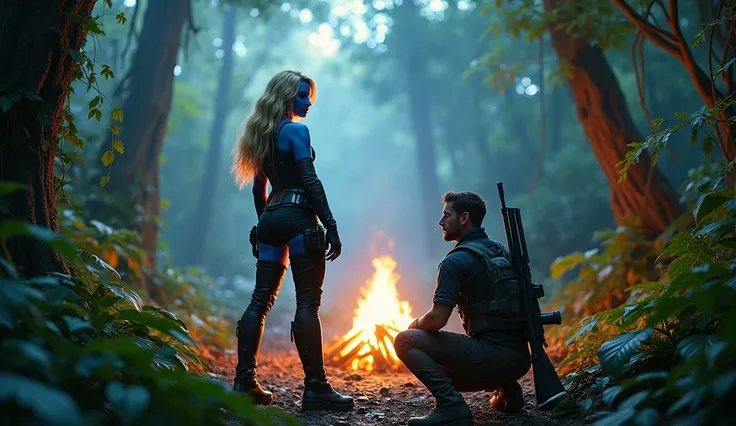 A cinematic jungle setting with vibrant, lush green foliage, towering trees, and thick vines hanging down. A glowing campfire at the center of the scene illuminates two characters: a tall, confident woman with blue-purple skin, long blonde hair, and wearin...