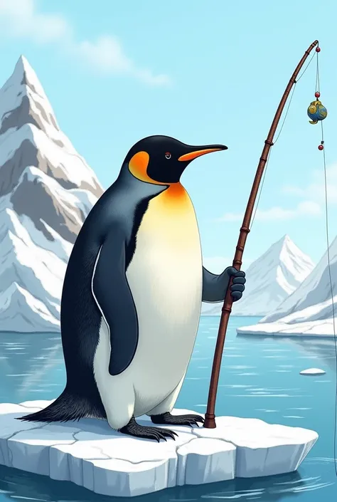 Sitting and holding a fishing rod, Emperor Penguin, illustration