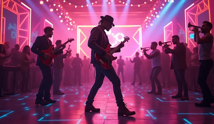 lively, colorful dance floor illuminated by pulsing neon lights. A funky band plays, with a bassist front and center, and a brass section glowing under spotlights.  