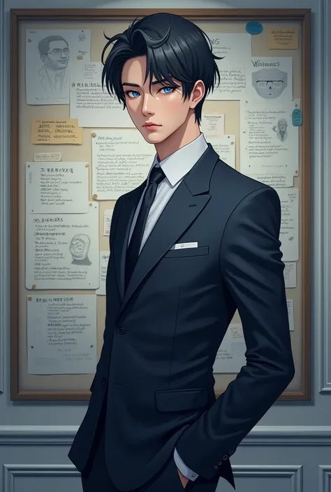 anime,Korean man with blue eyes , art, in a classic suit, and behind him is a room with a board with his wishes