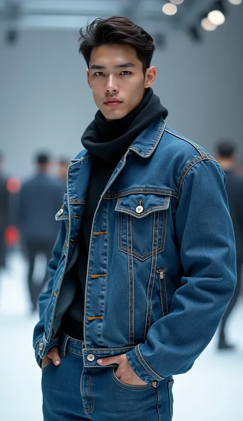 (photorealism:1.2), handsome japanese man, 20-29 year-old, fashion model, denim jacket and jeans, season is winter, fashion show