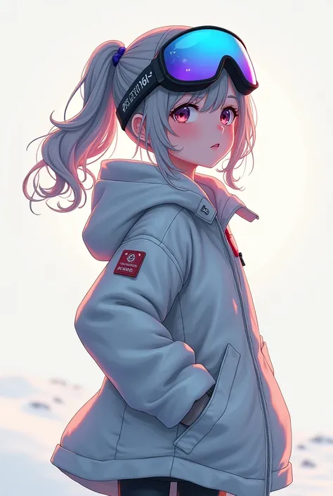 Masterpiece, Best picture quality, Extreme vividness, Anime girl with curly ponytail, petite figure, white functional coat, small, blue-purple gradient ski goggles, cyberpunk, gray hair, natural casual style, dynamic stance, golden section, portrait with l...