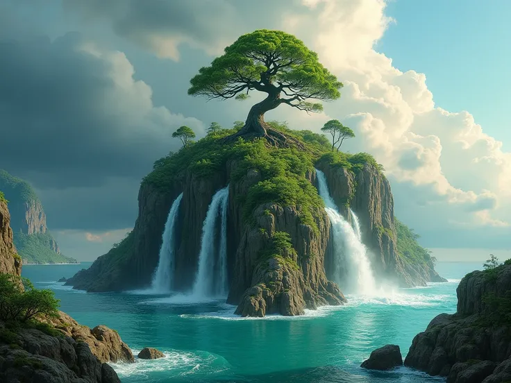 Island paradise, surreal landscape; majestic bonsai tree atop rocky island, lush greenery; cascading waterfalls, vibrant teal water; dramatic clouds, stormy sky, soft lighting; detailed textures, mossy rocks, tranquil atmosphere; artistic style, detailed c...