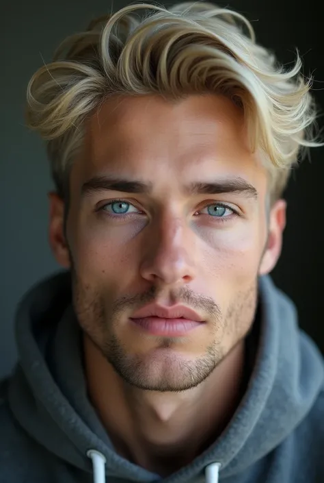  Real film  , hautporen, very young men, A attractive man, light skin, ice blue eyes,  hell blonde hair, Hohe Details,  high quality, HD Model, angular face shape , no beard , no wrinkles,  square face shape, markanter kiefer, muskolös 