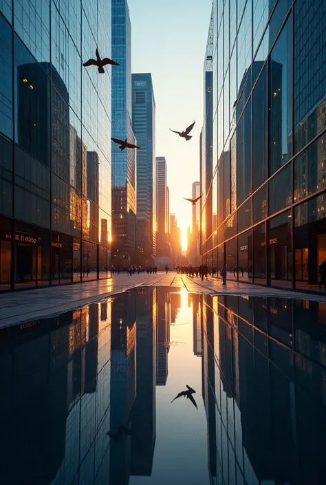 modern cityscape, skyscrapers, glass buildings, reflective surfaces, bird silhouettes reflected in windows, no visible birds in sky, sunset lighting, urban landscape, creative composition, high contrast, detailed reflections, multiple bird shadows, illusio...