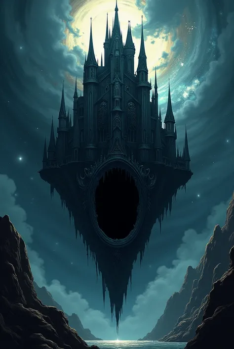 Make a black castle with a black hole in the middle floating in the dark comic style space 