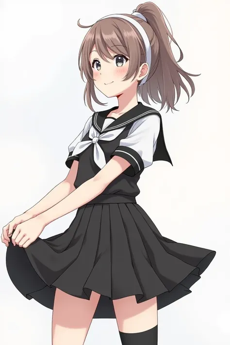 （1 Japanese Girl）、 High School Girl 、Idol、
((ponytail))、white headband、 Flowing Hair
Big eyes、Smile、 
 Sailor Uniform Student Uniform 、 black dress 、Pleated Skirt、((sailor collar))、 white shirt 、[Short sleeve、Black Collar 、Floating Skirt 、 Black Thigh Sock...